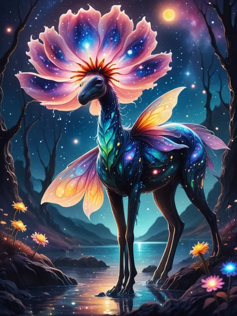 another world extraterrestrial landscape, surreal mountains, with giant alien flower animals female teen made of electric scales, shining fireflies, fantasy dream, starry sky with large planets, bare legs, 35mm photography, famous artwork, watercolor painting, deep depth of field, , flowing colors, dripping paint, energy-filled illustration
