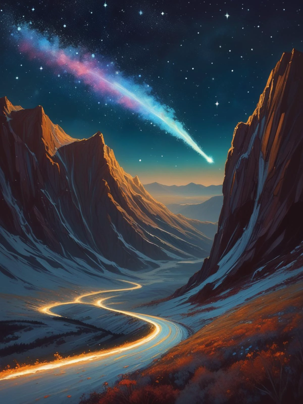 Halley's comet with star tail flying over hills, 35mm photography, famous artwork, expressionism, deep depth of field, soft shadows, , dripping paint, intricate