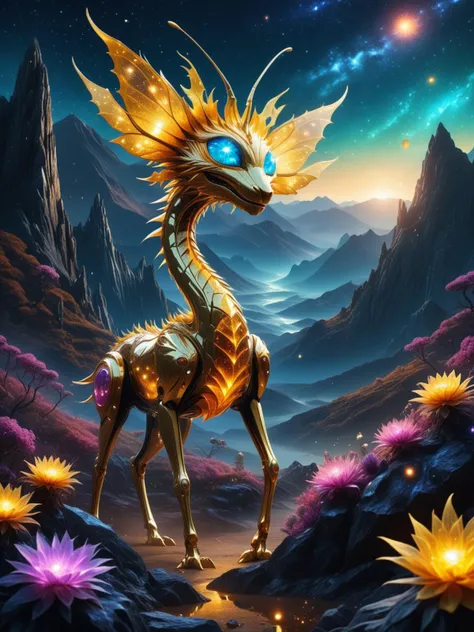 another world extraterrestrial landscape, surreal mountains, with giant alien flower animals made of spiky golden crystals, shining fireflies, fantasy dream, starry sky with large planets, eyes, masterpiece, 8k RAW photo, cyberpunk, dynamic motion, dark, energy-filled illustration