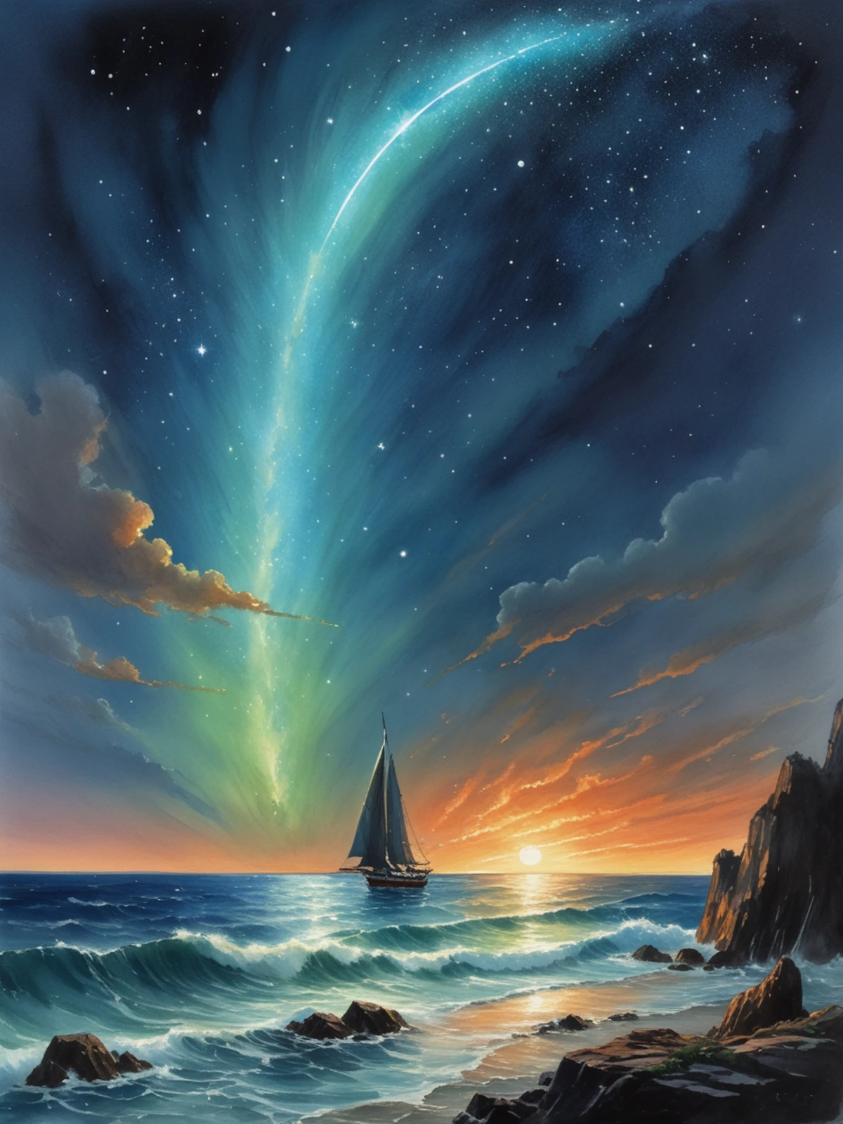 cosmic comet with glowing tail flying over sea, score_9, masterpiece, watercolor painting, dynamic angle, by Luke Fildes