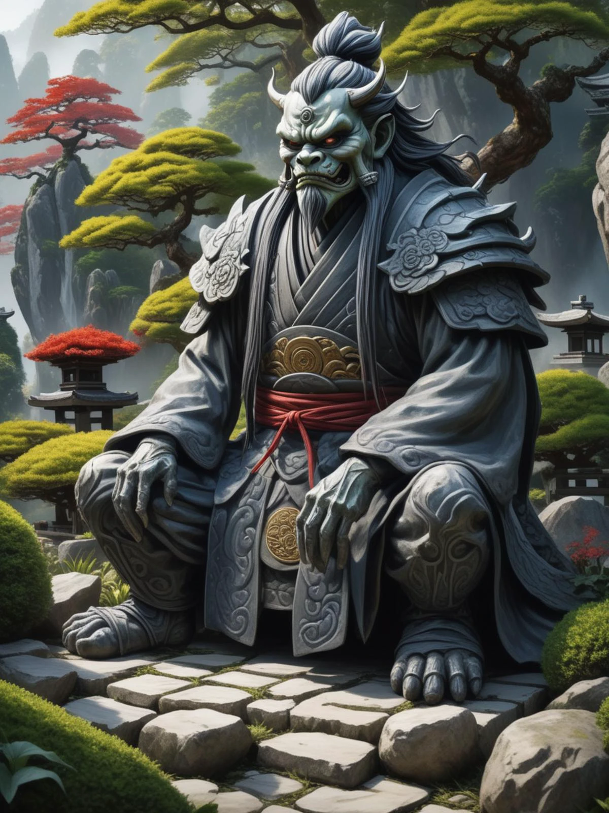 Japanese dead noble Goryo in stone garden, epic folk fantasy, best quality, perfectly balanced, artistic photorealism, modern ink, stunning