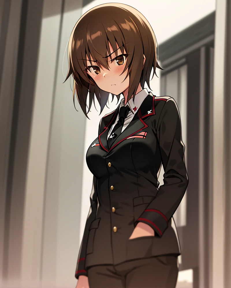 masterpiece,best quality, 1girl,solo,girls und panzer, nishizumi maho,
brown hair, brown eyes, short hair,black_suit, white shirt, necktie,
serious,
military base,outdoors,
<lora:Nishizumi Maho:0.7>