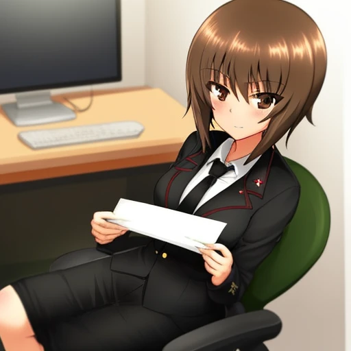 best quality, solo, 1girl,nishizumi maho, girls und panzer
brown hair, brown eyes, short hair,
black suit, white shirt, necktie,
office chair, <lora:Nishizumi Maho:0.7>