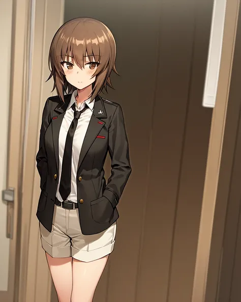 masterpiece,best quality, 1girl,solo,girls und panzer, nishizumi maho,
brown hair, brown eyes, short hair,
office, black_suit, white shirt, necktie,standing,
house <lora:Nishizumi Maho:0.7>