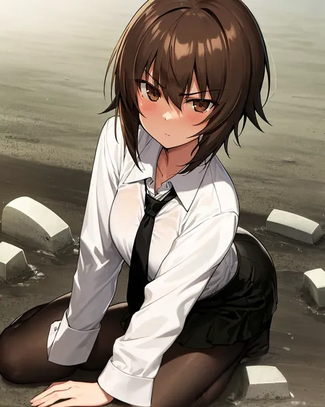 masterpiece,best quality, 1girl,solo,girls und panzer, nishizumi maho,
brown hair, brown eyes, short hair,black_suit, white shirt, necktie,
serious,
graveyard,
<lora:Nishizumi Maho:0.7>