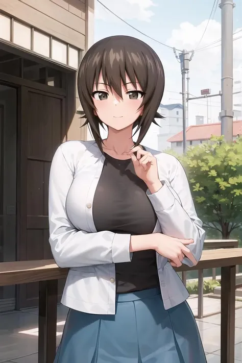 masterpiece,best quality, 1girl,solo,girls und panzer, nishizumi maho, looking at viewer, striped cardigan, blue skirt, outdoors,house, <lora:Nishizumi Maho:0.6>