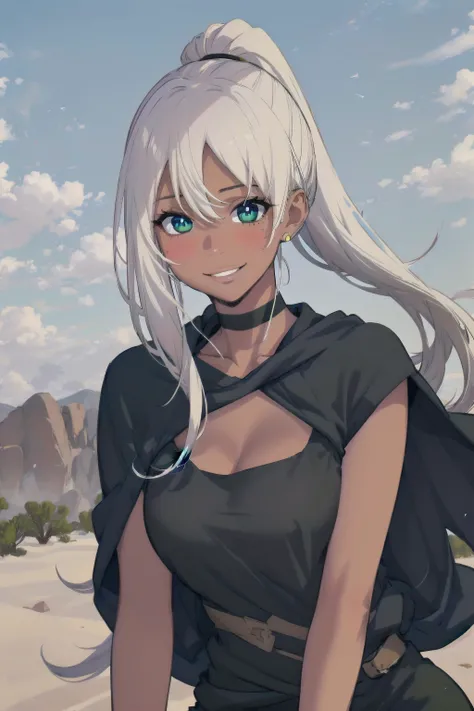 best quality, (masterpiece:1.2), detailed,
<lora:chara_OverpoweredSword_Karen_v1:0.8>, dark skin, upper body,
1girl, solo, closed mouth, smile,
ponytail, long hair, blonde hair, floating hair, green eyes, mole under eye, slight blush,
earring, black choker, tank top, brown tank top, cleavage, (bandaged arm:1.2), blue cape
sitting, head tilt, looking at the viewer,
outdoors, desert, sun, clear sky