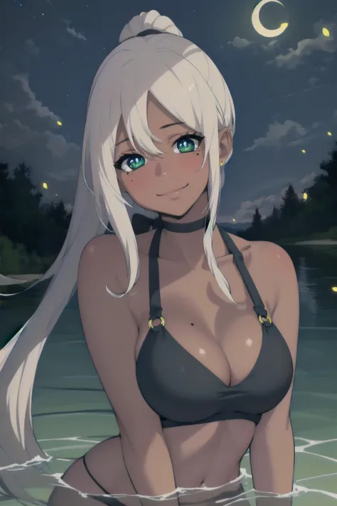 best quality, (masterpiece:1.2), detailed,
<lora:chara_OverpoweredSword_Karen_v1:0.8>, dark skin,
1girl, solo, closed mouth, smile, 
ponytail, long hair, blonde hair, floating hair, green eyes, mole under eye, slight blush,
o-ring bikini, big breasts,
in water, head tilt, looking at the viewer,
lake, night, moon, clouds, fireflies