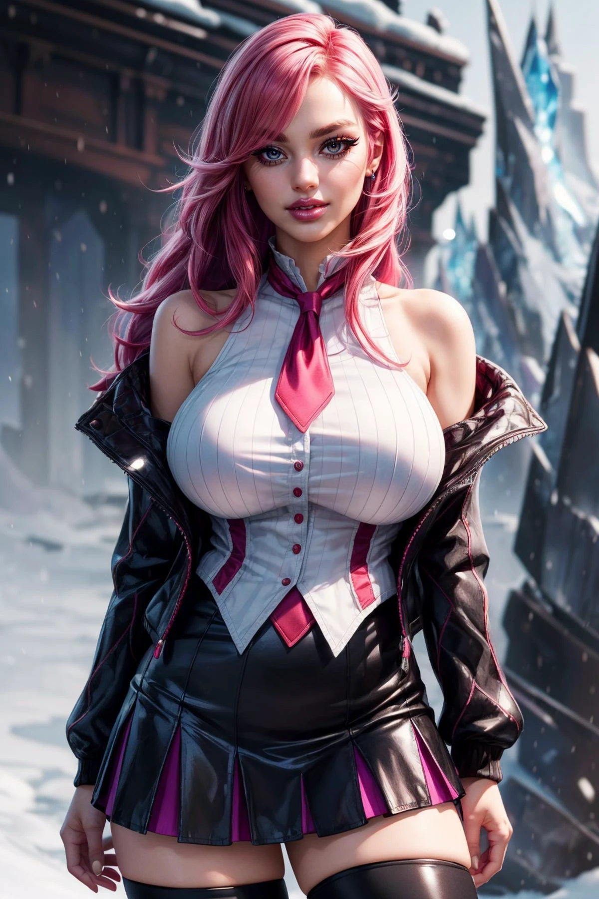 (ultra realistic,32k, masterpiece:1.2),(high detailed skin:1.1),( high quality:1.1),
<lora:katarina-nvwls-v2:0.8>(evil grin, v-shaped eyebrows:1.1),(eyeliner,long lashes, mascara:1.1),academiaKat,pink hair, long hair, white shirt, necktie, bare shoulders, black jacket, black skirt, thighhighs, high heels frostfire peaks, icy flames, frozen landscapes, battleground of ice and fire (blurry background:1.2),(looking at viewer, portrait:1.1),, (huge breast,large breast:1.1),<lora:add_detail:0.83>,full body,,
(soft shaded:1.1),
