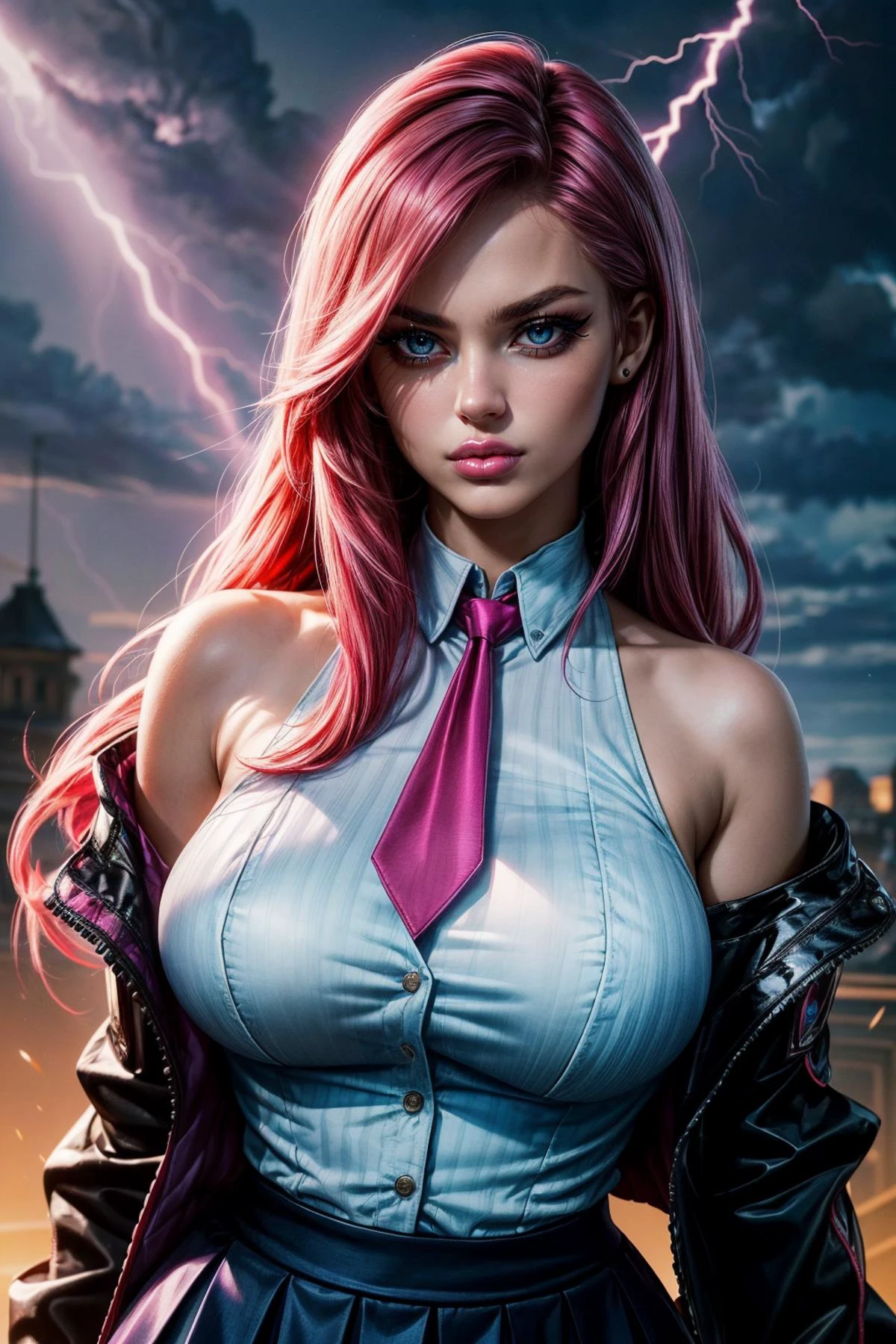 (ultra realistic,32k, masterpiece:1.2),(high detailed skin:1.1),( high quality:1.1),
<lora:katarina-nvwls-v2:0.8>(angry, v-shaped eyebrows:1.1),(eyeliner,long lashes, mascara:1.1),academiaKat,pink hair,blue eyes, long hair, white shirt, necktie, bare shoulders, black jacket, black skirt, thighhighs, high heels stormweaver's reach, crackling lightning, storm-touched landscapes, tempestuous power (blurry background:1.2),(looking at viewer, portrait:1.1),, (huge breast,large breast:1.1),<lora:add_detail:0.99>,upper body,,
(dense light rays:1.1),