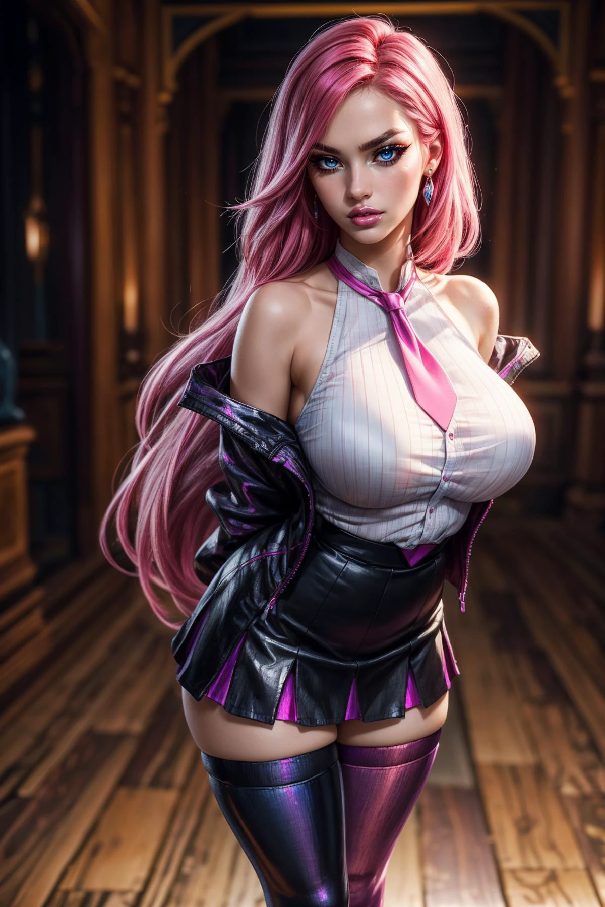 (ultra realistic,32k, masterpiece:1.2),(high detailed skin:1.1),( high quality:1.1),
<lora:katarina-nvwls-v2:0.8>(angry, v-shaped eyebrows:1.1),(eyeliner,long lashes, mascara:1.1),academiaKat,pink hair,blue eyes, long hair, white shirt, necktie, bare shoulders, black jacket, black skirt, thighhighs, high heels whispering hollows, murmuring echoes, hidden passages, abode of ancient spirits (blurry background:1.2),(looking at viewer,Standing, arms behind back,(lean forward:1.2),, (huge breast,large breast:1.1),<lora:add_detail:0.83>,full body,,
(iridescence:1.1),