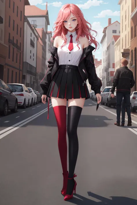(masterpiece, best quality), intricate details,
1girl, <lora:katarina-nvwls-v2:0.8>academiaKat, white shirt, necktie, bare shoulders, black jacket, black skirt, thighhighs, high heels, scar over eye,
<lora:public_v3.0-locon:0.8> public, photographers,