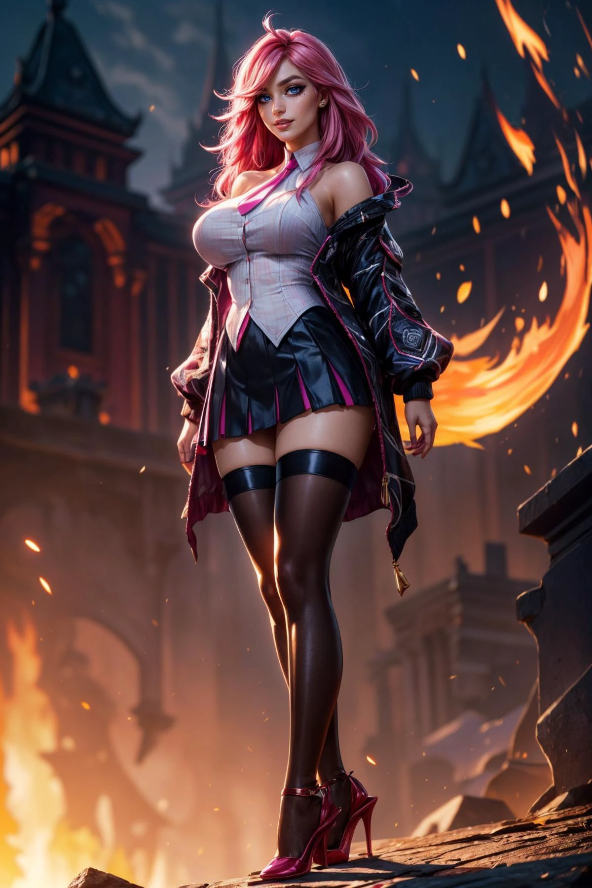 (ultra realistic,32k, masterpiece:1.2),(high detailed skin:1.1),( high quality:1.1),
<lora:katarina-nvwls-v2:0.8>(evil grin, v-shaped eyebrows:1.1),(eyeliner,long lashes, mascara:1.1),academiaKat,pink hair,blue eyes, long hair, white shirt, necktie, bare shoulders, black jacket, black skirt, thighhighs, high heels elemental haven, elemental forces, balance of elements, sacred sanctuary (blurry background:1.2),(looking at viewer, standing from below:1.1),, (huge breast,large breast:1.1),<lora:add_detail:0.99>,full body,,
(golden hour:1.1),