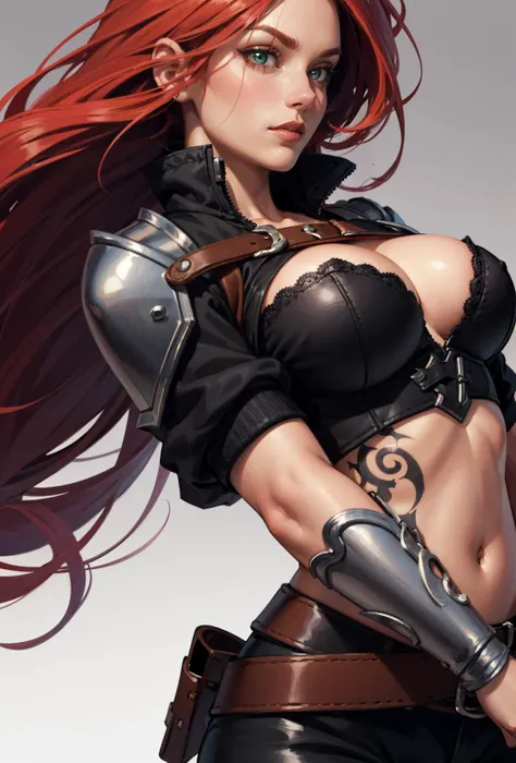 masterpiece, best quality, katarina, (scar over eye), armor, cropped jacket, cleavage, bustier, midriff, belt, black pants, upper body, standing, furrowed brow, serious expression, glare, looking at viewer, wasteland, sky, clouds