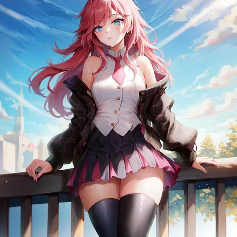masterpiece, best quality, highly detailed, solo, academiaKat, white shirt, necktie, bare shoulders, black jacket, black skirt, thighhighs, high heels, <lora:katarina-nvwls-v2:1>, blue eyes, school, sunlight, outside, vibrant colours
