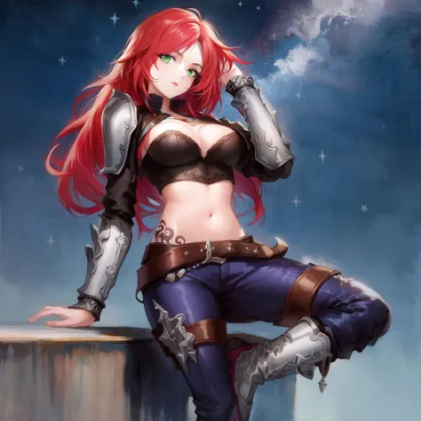 anime, masterpiece, ((best quality)), ((highly detailed)), solo, katarina, armor, tattoo, cropped jacket, cleavage, bustier, midriff, belt, black pants, boots,  <lora:katarina-nvwls-v2:1>, starry sky, night, posing seductively