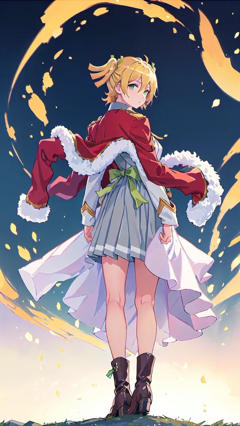 (masterpiece),best quality,NANA,green_ribbon,1girl,solo,(blonde hair:1.4),green_ribbon,short_twintails,<lora:Daibanana1:0.8>,(looking_at_viewer:1.5),(eye-contact:1.5),expressionless,wallpaper,artbook,illustration,(blonde hair:1.5),upper_body,panorama,wide_shot,head_tilt,looking_back,turn_one's_back,night_sky,night,arms_at_sides,(sky background:1.2),sky,
fur-trimmed_jacket,boots,cape,grey_skirt,jacket,jacket_on_shoulders,long_sleeves,pleated_skirt,red_jacket,