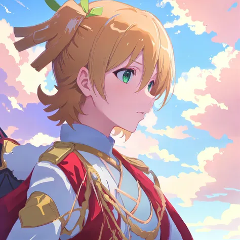 (masterpiece),best quality,NANA,green_ribbon,1girl,solo,blonde hair,green_ribbon,short_twintails,<lora:Daibanana1>,(looking_at_viewer:1.1),(eye-contact:1.5),expressionless,wallpaper,artbook,illustration,simple_background,(blonde hair:1.3),Cirrocumulus,cloudy,Altostratus,sky,day,outdoors,upper_body,from_side,