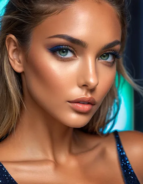 from side, extreme closeup, sharp focus, extremely detailed, dark blue outfit, tanned supermodel, 8k, hdr, high quality, very detailed green sparkling eyes,