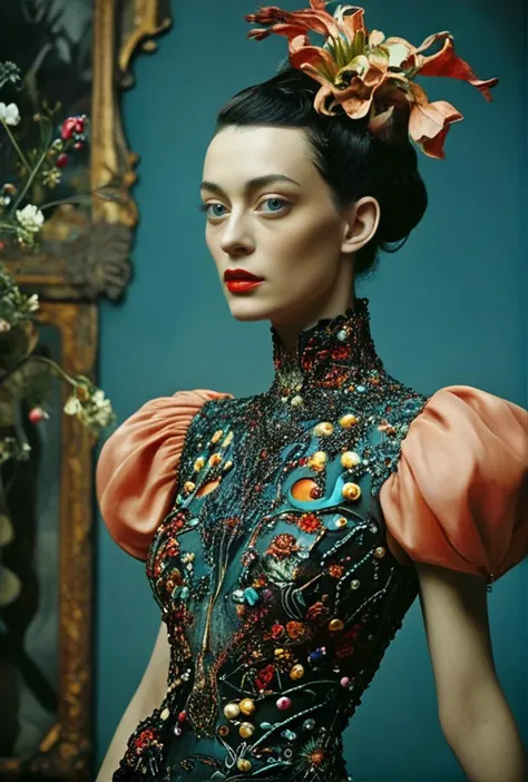Color photo ((haute couture fashion dress designed by Anton Levey and Salvador Dali))(deep blacks)(evocative depth of field)(absolute sharpness)
<lora:LCM-LoRA-XL_V1:0.21>
<lora:SDXLHighDetail_v5:0.3>
<lora:MJ52:.6>
<lora:JuggerCineXL2:.6>
<lora:AzaleaXL2:.9>
<lora:DetailedEyes_V3:.9>