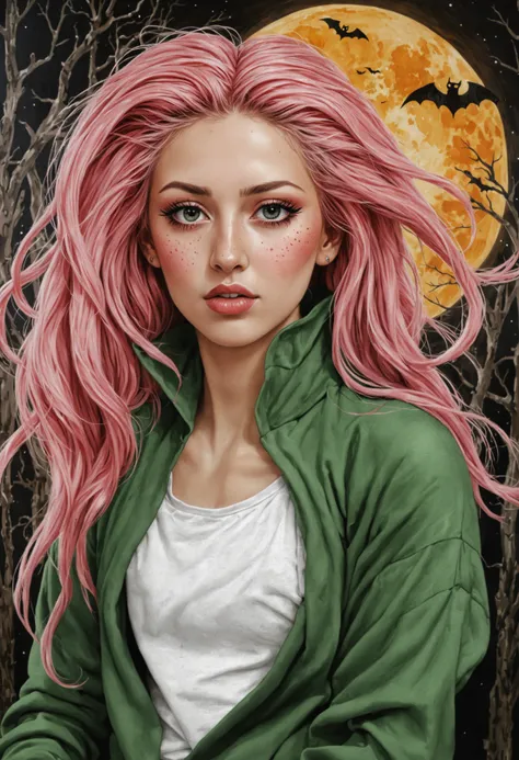 Japanese Ink Drawing, in Witch's Hut in the Woods, medium close-up, Kuwaiti early twenties pinky demon from doom non-binary is telegenic, her Cloud Hair is red and yellow, her monolid dark green eyes are giant, light pink tapered lips, wide rectangle face, pink skin, full unaligned breasts, oval body is slender, boredom, (halloween makeup:1.3), she is dressed in a knitwear and cozy sweaters, she is balancing on one foot, pretending to be a flamingo , in the dangerous fantasy world. airbrush over oil on canvas. best quality, high resolution