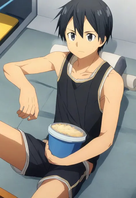 Solo, Kirito, black hair, black eyes, male, adult, tank top, shorts, relaxing