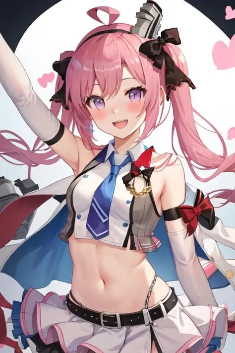 best quality, masterpiece, highres, solo, {saratoga_azurlane:1.15}, pink_hair, purple_eyes, ahoge, blush, smile, twintails, ribbon, bangs, bow, long_hair, hairband, open_mouth, hair_ribbon, breasts, hair_between_eyes, hair_bow, 1girl, detached_sleeves, looking_at_viewer, virtual_youtuber, sleeveless, arm_up, necktie, black_necktie, navel