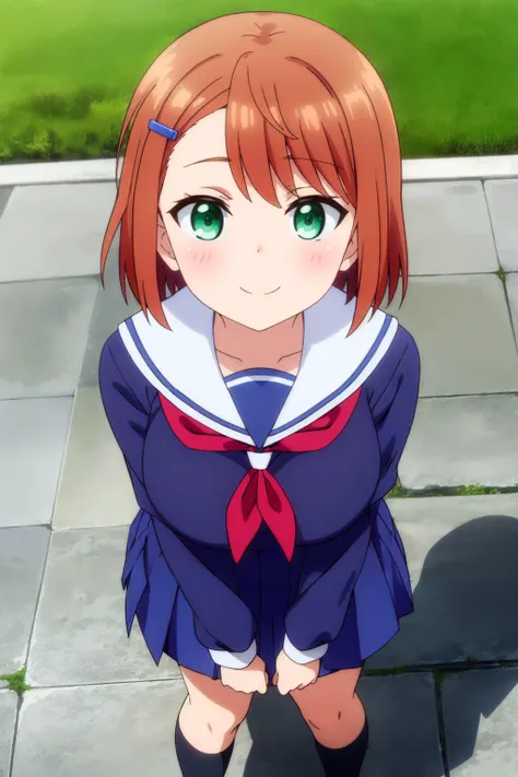 (masterpiece:1.2), (best_quality:1.2), ultra high res, ultra-detailed, 8K, HDR, highres, anime, highly detailed, (best shadow), (absurdres),
BREAK <lora:chisaki miyazaki s1-lora-nochekaiser:0.7>, chisaki miyazaki, (large breast:1.1), (perfect proportion:1.2), (narrow waist),
BREAK short hair, brown hair, hair ornament, (green eyes:1.3), hairclip,
BREAK skirt, shirt, long sleeves, school uniform, pleated skirt, serafuku, socks, sailor collar, blue skirt, neckerchief, kneehighs, blue shirt, black socks, red neckerchief, white sailor collar, blue serafuku,
BREAK close up, upper body, outdoors, school courtyard, smile, from below, captivating pose, looking at viewer, <lora:more_details:0.3>,