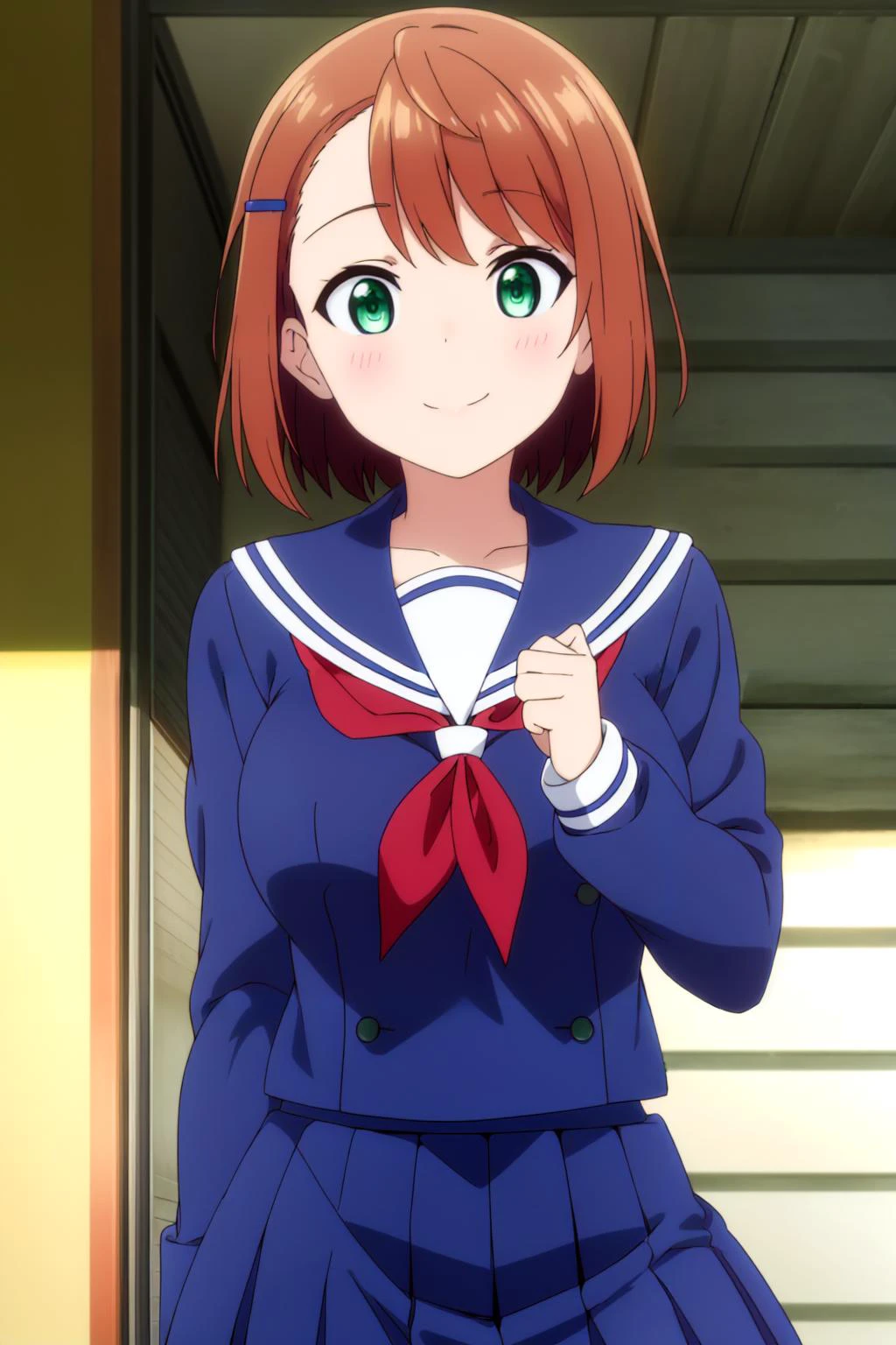 (masterpiece:1.2), (best_quality:1.2), ultra high res, ultra-detailed, 8K, HDR, highres, anime, highly detailed, (best shadow), (absurdres),
BREAK <lora:chisaki miyazaki s1-lora-nochekaiser:0.7>, chisaki miyazaki, (large breast:1.1), (perfect proportion:1.2), (narrow waist),
BREAK short hair, brown hair, hair ornament, (green eyes:1.3), hairclip,
BREAK skirt, shirt, long sleeves, school uniform, pleated skirt, serafuku, socks, sailor collar, blue skirt, neckerchief, kneehighs, blue shirt, black socks, red neckerchief, white sailor collar, blue serafuku,
BREAK close up, upper body, outdoors, school courtyard, smile, from below, captivating pose, looking at viewer, <lora:more_details:0.3>,