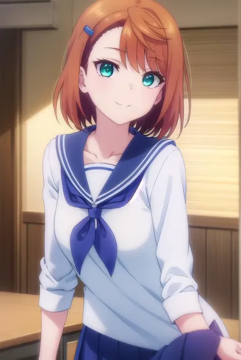 chisakimiyazaki, <lora:chisaki miyazaki s1-lora-nochekaiser:1>,
chisaki miyazaki, short hair, brown hair, hair ornament, (green eyes:1.3), hairclip, smile,
BREAK skirt, shirt, long sleeves, school uniform, pleated skirt, serafuku, socks, sailor collar, blue skirt, neckerchief, kneehighs, blue shirt, black socks, red neckerchief, white sailor collar, blue serafuku,
BREAK indoors, classroom,
BREAK looking at viewer, (cowboy shot:1.5),
BREAK <lyco:GoodHands-beta2:1>, (masterpiece:1.2), best quality, high resolution, unity 8k wallpaper, (illustration:0.8), (beautiful detailed eyes:1.6), extremely detailed face, perfect lighting, extremely detailed CG, (perfect hands, perfect anatomy),