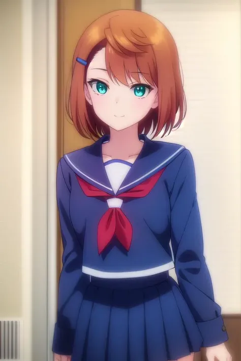 chisakimiyazaki, <lora:chisaki miyazaki s1-lora-nochekaiser:1>,
chisaki miyazaki, short hair, brown hair, hair ornament, (green eyes:1.3), hairclip, smile,
BREAK skirt, shirt, long sleeves, school uniform, pleated skirt, serafuku, socks, sailor collar, blue skirt, neckerchief, kneehighs, blue shirt, black socks, red neckerchief, white sailor collar, blue serafuku,
BREAK indoors, classroom,
BREAK looking at viewer, (cowboy shot:1.5),
BREAK <lyco:GoodHands-beta2:1>, (masterpiece:1.2), best quality, high resolution, unity 8k wallpaper, (illustration:0.8), (beautiful detailed eyes:1.6), extremely detailed face, perfect lighting, extremely detailed CG, (perfect hands, perfect anatomy),