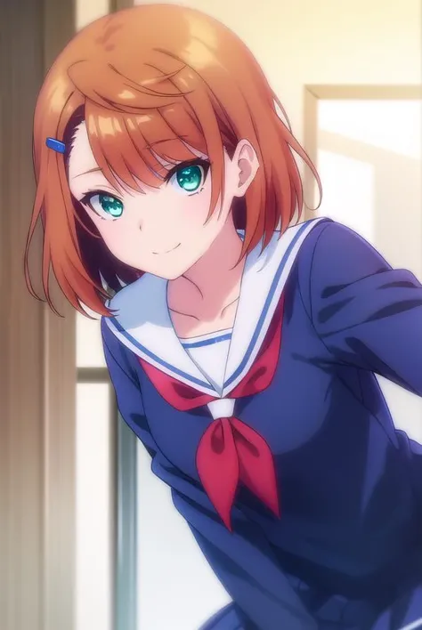 chisakimiyazaki, <lora:chisaki miyazaki s1-lora-nochekaiser:1>,
chisaki miyazaki, short hair, brown hair, hair ornament, (green eyes:1.3), hairclip, smile,
BREAK skirt, shirt, long sleeves, school uniform, pleated skirt, serafuku, socks, sailor collar, blue skirt, neckerchief, kneehighs, blue shirt, black socks, red neckerchief, white sailor collar, blue serafuku,
BREAK indoors, classroom,
BREAK looking at viewer, (cowboy shot:1.5),
BREAK <lyco:GoodHands-beta2:1>, (masterpiece:1.2), best quality, high resolution, unity 8k wallpaper, (illustration:0.8), (beautiful detailed eyes:1.6), extremely detailed face, perfect lighting, extremely detailed CG, (perfect hands, perfect anatomy),