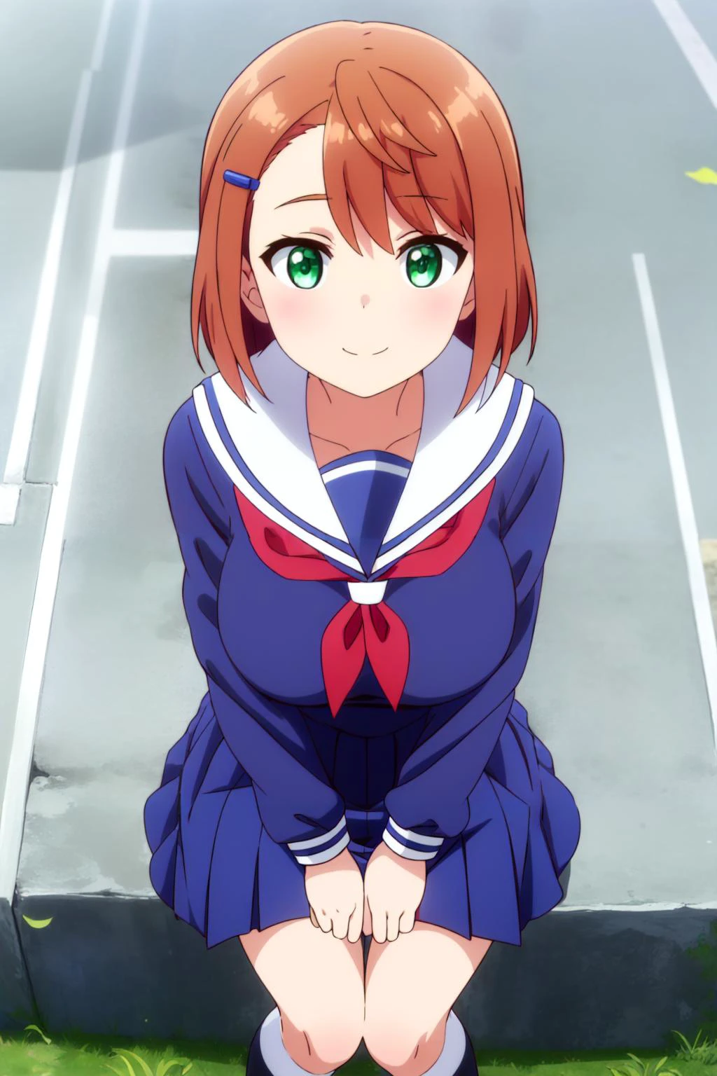 (masterpiece:1.2), (best_quality:1.2), ultra high res, ultra-detailed, 8K, HDR, highres, anime, highly detailed, (best shadow), (absurdres),
BREAK <lora:chisaki miyazaki s1-lora-nochekaiser:0.7>, chisaki miyazaki, (large breast:1.1), (perfect proportion:1.2), (narrow waist),
BREAK short hair, brown hair, hair ornament, (green eyes:1.3), hairclip,
BREAK skirt, shirt, long sleeves, school uniform, pleated skirt, serafuku, socks, sailor collar, blue skirt, neckerchief, kneehighs, blue shirt, black socks, red neckerchief, white sailor collar, blue serafuku,
BREAK close up, upper body, outdoors, school courtyard, smile, from below, captivating pose, looking at viewer, <lora:more_details:0.3>,
