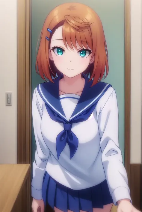 chisakimiyazaki, <lora:chisaki miyazaki s1-lora-nochekaiser:1>,
chisaki miyazaki, short hair, brown hair, hair ornament, (green eyes:1.3), hairclip, smile,
BREAK skirt, shirt, long sleeves, school uniform, pleated skirt, serafuku, socks, sailor collar, blue skirt, neckerchief, kneehighs, blue shirt, black socks, red neckerchief, white sailor collar, blue serafuku,
BREAK indoors, classroom,
BREAK looking at viewer, (cowboy shot:1.5),
BREAK <lyco:GoodHands-beta2:1>, (masterpiece:1.2), best quality, high resolution, unity 8k wallpaper, (illustration:0.8), (beautiful detailed eyes:1.6), extremely detailed face, perfect lighting, extremely detailed CG, (perfect hands, perfect anatomy),