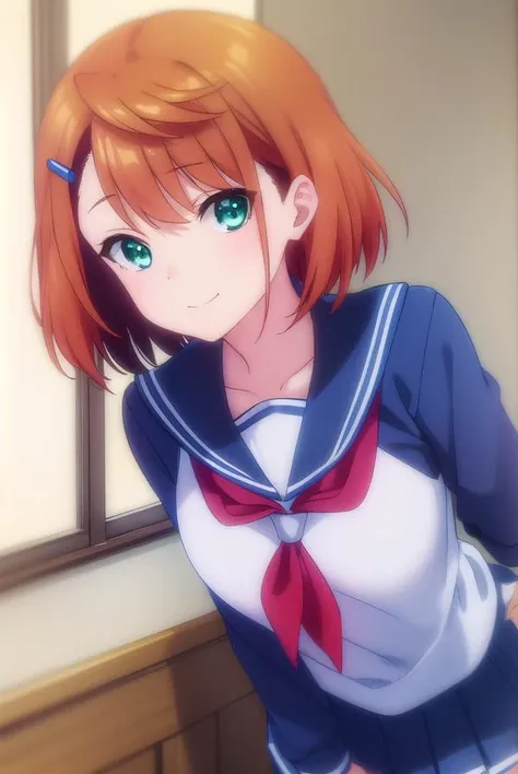 chisakimiyazaki, <lora:chisaki miyazaki s1-lora-nochekaiser:1>,
chisaki miyazaki, short hair, brown hair, hair ornament, (green eyes:1.3), hairclip, smile,
BREAK skirt, shirt, long sleeves, school uniform, pleated skirt, serafuku, socks, sailor collar, blue skirt, neckerchief, kneehighs, blue shirt, black socks, red neckerchief, white sailor collar, blue serafuku,
BREAK indoors, classroom,
BREAK looking at viewer, (cowboy shot:1.5),
BREAK <lyco:GoodHands-beta2:1>, (masterpiece:1.2), best quality, high resolution, unity 8k wallpaper, (illustration:0.8), (beautiful detailed eyes:1.6), extremely detailed face, perfect lighting, extremely detailed CG, (perfect hands, perfect anatomy),