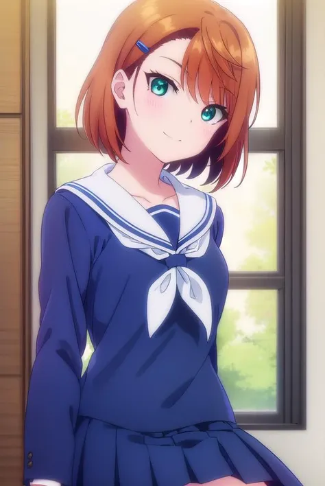 chisakimiyazaki, <lora:chisaki miyazaki s1-lora-nochekaiser:1>,
chisaki miyazaki, short hair, brown hair, hair ornament, (green eyes:1.3), hairclip, smile,
BREAK skirt, shirt, long sleeves, school uniform, pleated skirt, serafuku, socks, sailor collar, blue skirt, neckerchief, kneehighs, blue shirt, black socks, red neckerchief, white sailor collar, blue serafuku,
BREAK indoors, classroom,
BREAK looking at viewer, (cowboy shot:1.5),
BREAK <lyco:GoodHands-beta2:1>, (masterpiece:1.2), best quality, high resolution, unity 8k wallpaper, (illustration:0.8), (beautiful detailed eyes:1.6), extremely detailed face, perfect lighting, extremely detailed CG, (perfect hands, perfect anatomy),