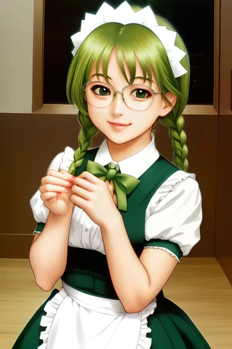 <lora:QuickHandV2:.6> QuickHands, 5 fingers, detailed hand <lora:MewLettuce:0.8> mew lettuce, green hair, green eyes, maid, maid headdress, glasses, twin braids, cafe