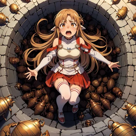 masterpiece,best quality,highly detailed,1girl,solo,scared,panicking,constricted pupils,screaming,raised eyebrows,crying,wide-eyed,
<lora:asuna_(sao)_v1:0.7>,aaasuna,long hair,brown hair,braid,brown eyes,bare shoulders,armor,breastplate,white sleeves,detached sleeves,red skirt,pleated skirt,white thighhighs,
<lora:dungeonScarab:0.4>,fallingScarab,(((falling,floating,hole,girl falling in dungeon pit))),stuck of scrabs,crowd of scrabs,too many scarabs,full body,from above,reaching,