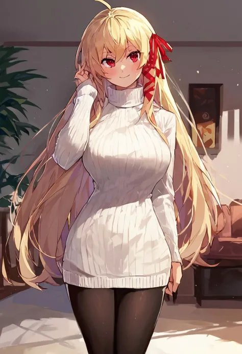 score_9, score_8_up, score_7_up, source_anime, solo, 1girl, aliceliesenebulis, blush, smile, looking at viewer, standing, hand in own hair, ahoge, hair ribbon, red ribbon, white sweater, sweater dress, ribbed sweater, turtleneck, black pantyhose, large breasts, indoors, living room <lora:lastcrusader_aliceliese_ponyXL:1>