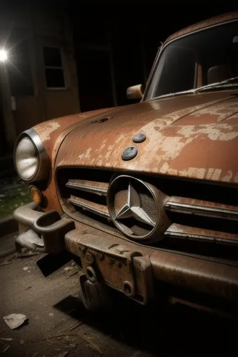 a raw photograph, mercedes benz in a city , eerie glowing headlights sharp focus, center focus, style-abandoned2