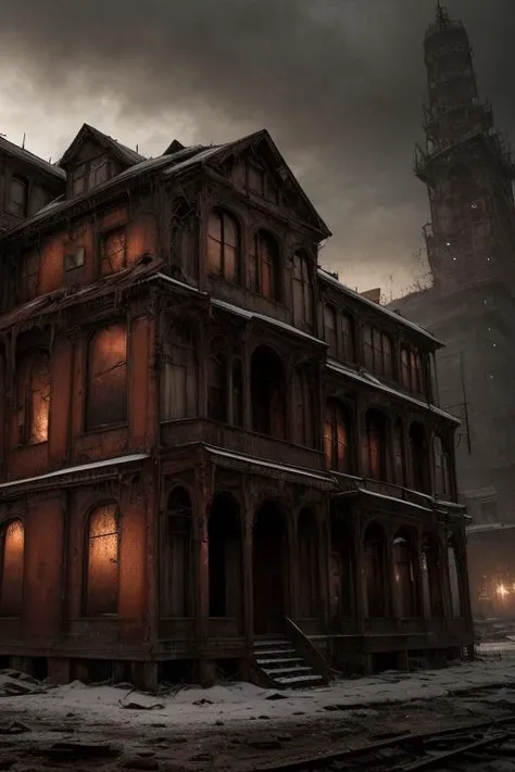 style-abandoned2 epic realistic, (hdr:1.4), (muted colors:1.4), apocalypse, freezing, abandoned, neutral colors, night, screen space refractions, (intricate details), (intricate details, hyperdetailed:1.2), artstation, cinematic shot, vignette, complex background, buildings, snowy