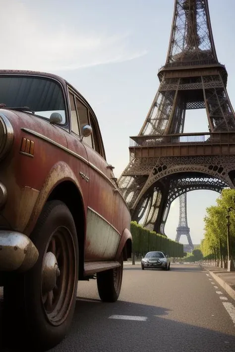 a photograph, a car on the road leading to the eiffel , sharp focus, by style-abandoned2