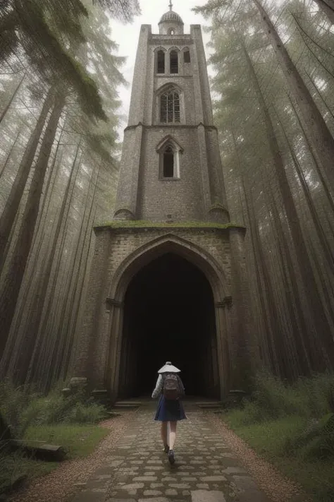 a photograph, a person walking on a path leading to a tower in forest, sharp focus, by style-abandoned2