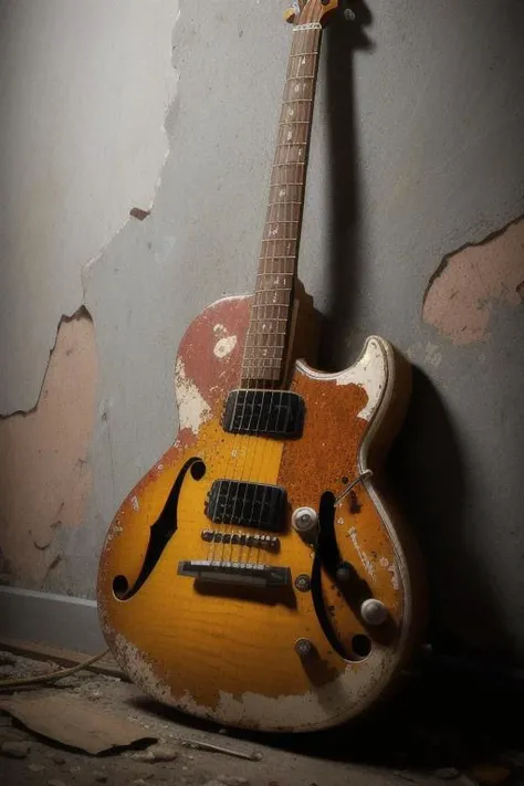 a raw photograph, a jazz guitar mounted on a wall , sharp focus, , style-abandoned2