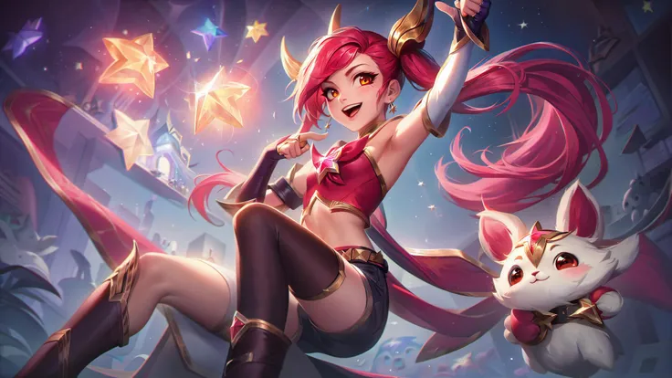 lolsplashart, jinx star guardian, 1girl, long hair, breasts, looking at viewer, smile, open mouth, bangs, hair ornament, red eyes, thighhighs, gloves, navel, bare shoulders, twintails, very long hair, :d, red hair, small breasts, boots, shorts, alternate costume, black gloves, elbow gloves, midriff, belt, fingerless gloves, armpits, bag, star (symbol), arm up, short shorts, alternate hairstyle, magical girl, pointing, yordle, star guardian (league of legends)