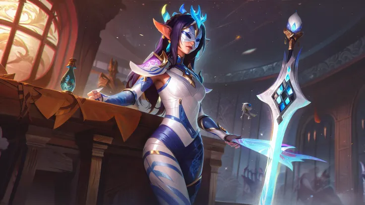 lolsplashart, porcelain kindred skin, 1girl, solo, long hair, breasts, bangs, hair ornament, long sleeves, holding, closed mouth, blue hair, weapon, teeth, alternate costume, pointy ears, pants, sword, indoors, armor, official alternate costume, mask, dragon