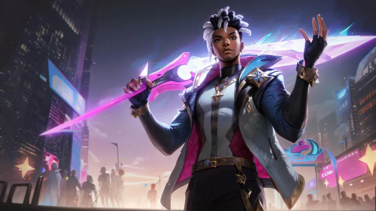 lolsplashart, star guardian ekko prestige edition skin, solo, looking at viewer, short hair, bangs, shirt, black hair, gloves, 1boy, holding, jacket, white shirt, weapon, male focus, outdoors, open clothes, teeth, belt, pants, dark skin, fingerless gloves, holding weapon, open jacket, night, glowing, facial hair, dark-skinned male, gem, over shoulder, weapon over shoulder