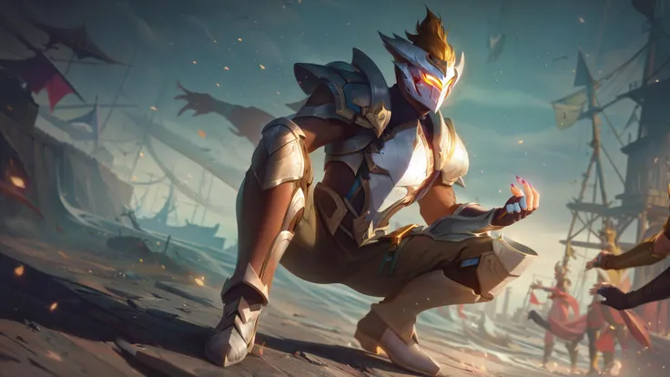 lolsplashart, sea dog yasuo skin, gloves, 1boy, holding, weapon, male focus, boots, outdoors, solo focus, pants, fingerless gloves, holding weapon, armor, official alternate costume, glowing, helmet, shoulder armor, gauntlets, glowing eyes, one knee, brown pants, red pants