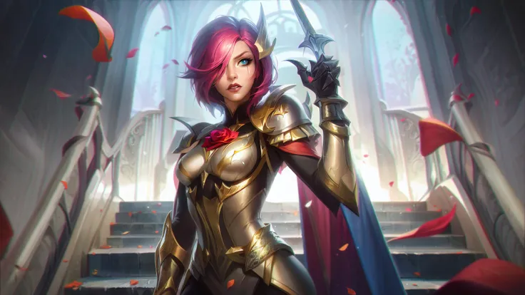 lolsplashart, fiora, 1girl, solo, breasts, looking at viewer, short hair, bangs, blue eyes, gloves, holding, medium breasts, weapon, pink hair, red hair, multicolored hair, parted lips, pants, sword, indoors, cape, holding weapon, armor, hair over one eye, lips, petals, black pants, shoulder armor, gauntlets, pauldrons, stairs, rose petals
