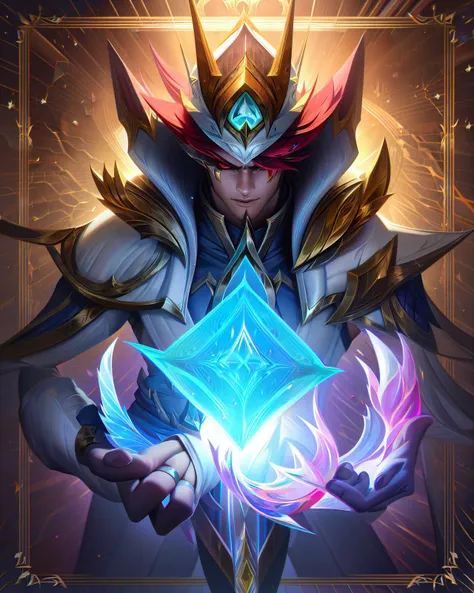 lolsplashart, arcana rakan xayah skin, 1girl, long hair, looking at viewer, red eyes, 1boy, armor, glowing, helmet, shoulder armor